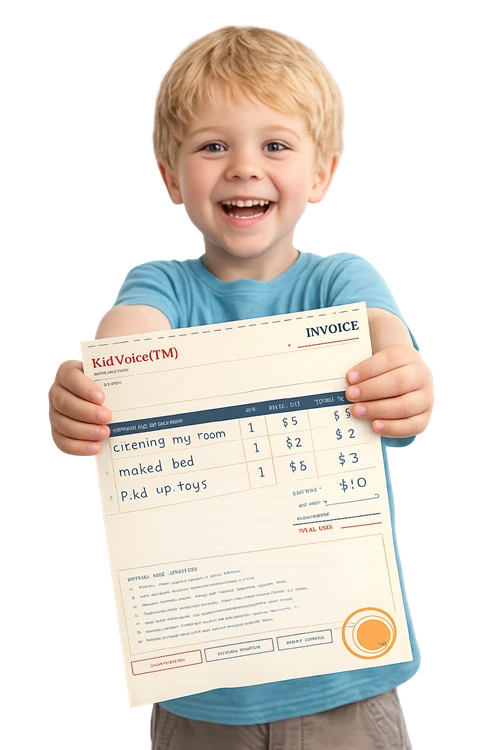 Kid beaming with pride holding an official KidVoice invoice
