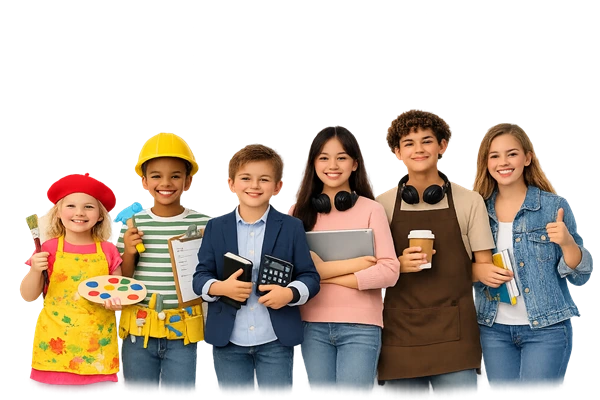 Kids dressed up in professional roles holding KidVoice paperwork