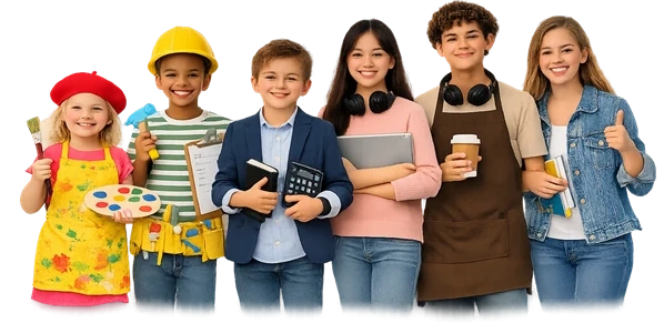 Kids dressed as professionals — builder, chef, contractor, executive — proudly holding official KidVoice documents